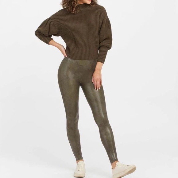 Spanx Olive Green High Waisted Sculpting Faux Leather Metallic Leggings - Picture 1 of 6